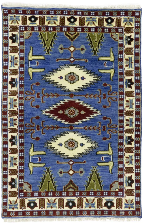 Blue Geometric 4X6 Kazak Oriental Rug