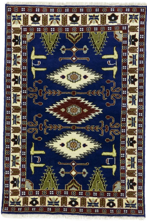 Navy Blue Geometric 4X6 Kazak Oriental Rug