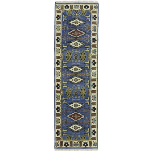 Blue Geometric 3X8 Kazak Oriental Runner Rug