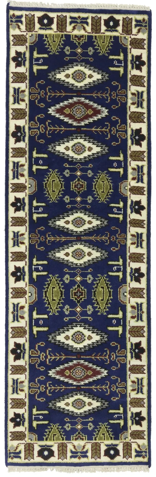 Navy Blue Geometric 3X8 Kazak Oriental Runner Rug