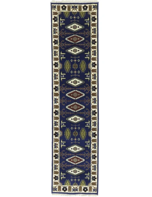 Navy Blue Geometric 3X10 Kazak Oriental Runner Rug