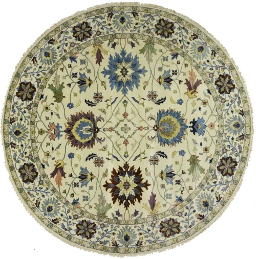 Cream Floral 10X10 Osh Chobi Peshawar Oriental Round Rug