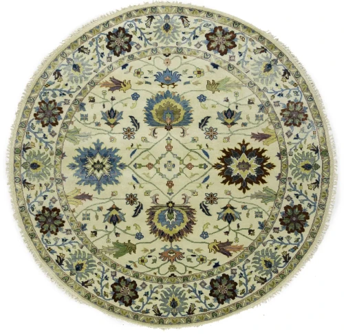 Cream Floral 8X8 Osh Chobi Peshawar Oriental Round Rug