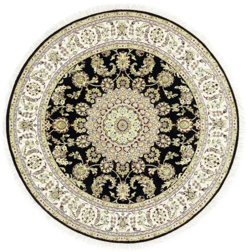 Black Floral 6X6 Indo-Nain Oriental Round Rug