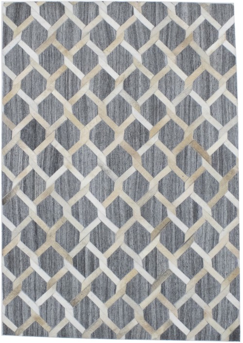 Gray Beige Geometric 4X6 Cowhide Patchwork Modern Rug