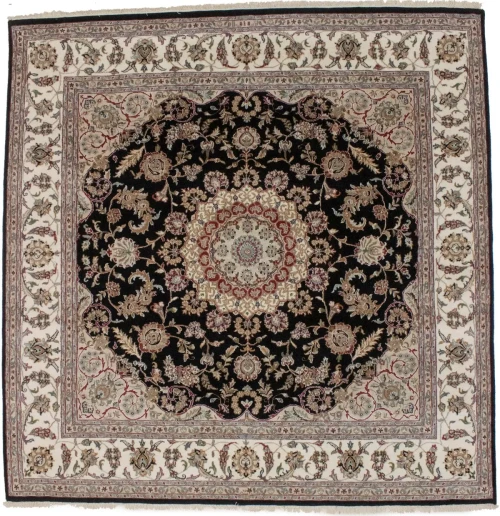 Black Classic Floral 8X8 Indo-Nain Oriental Square Rug