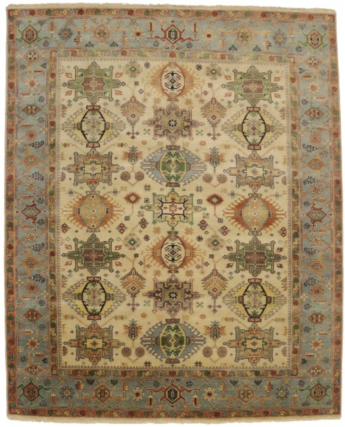 Cream & Gray Tribal Geometric 8X10 Indo-Karajeh Oriental Rug