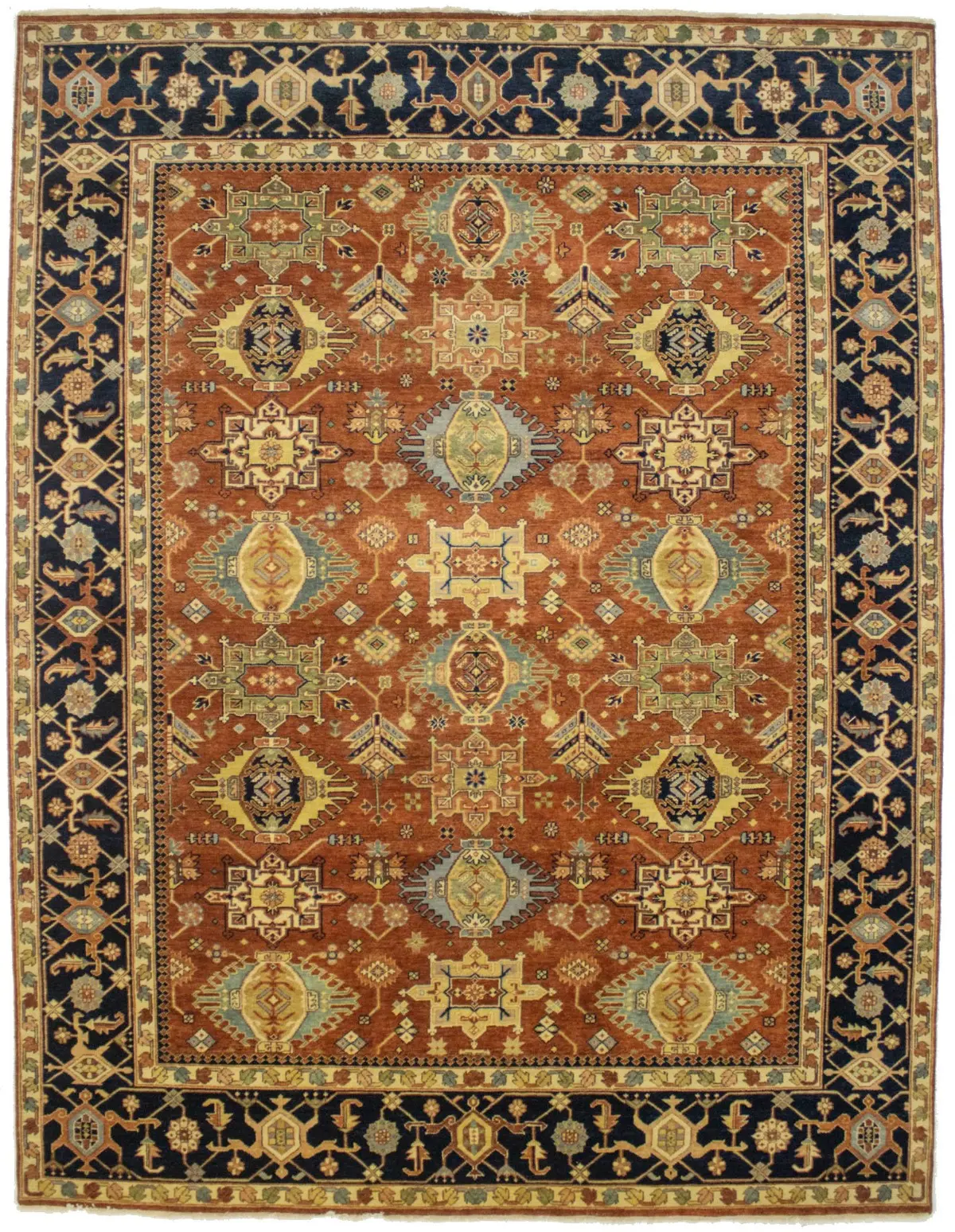 Rust & Dark Navy Geometric Tribal 9X12 Indo-Karajeh Oriental Rug