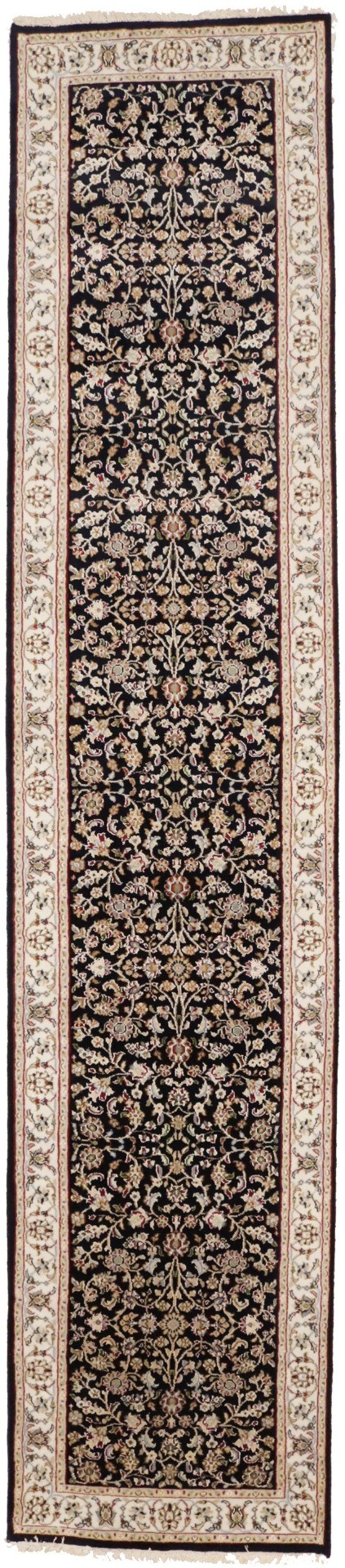 Dark Navy Floral 3X12 Indo-Nain Oriental Runner Rug