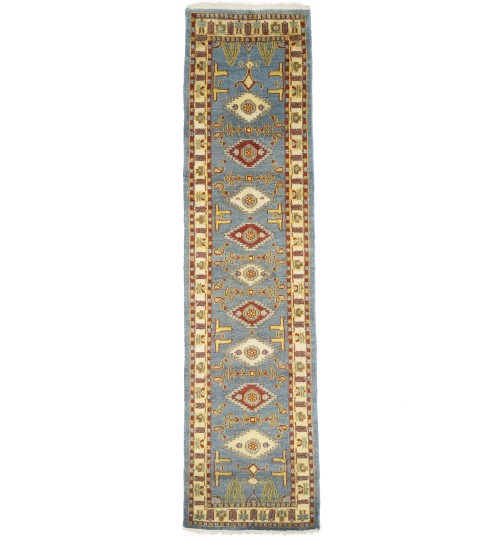 Blue-gray Geometric 3X10 Kazak Oriental Runner Rug