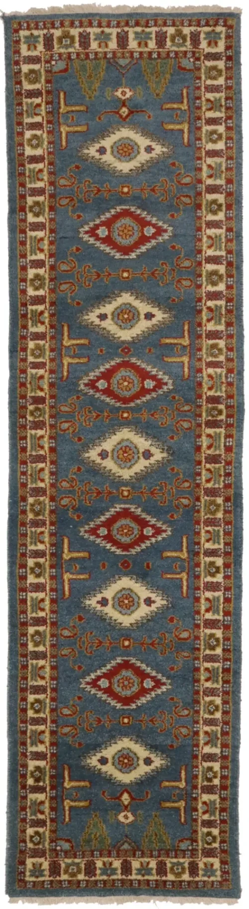 Blue Geometric 3X10 Kazak Oriental Runner Rug