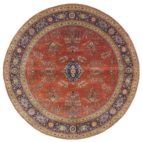 Rust Orange Floral 10X10 Indo-Sarouk Oriental Round Rug