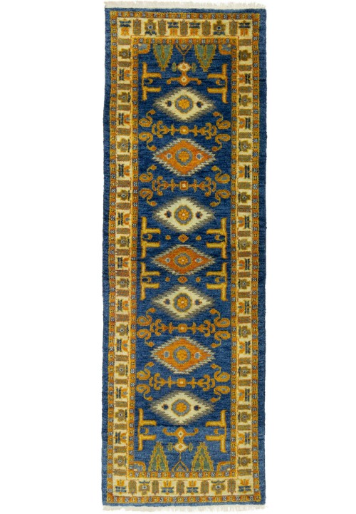 Blue Geometric 3X8 Kazak Oriental Runner Rug