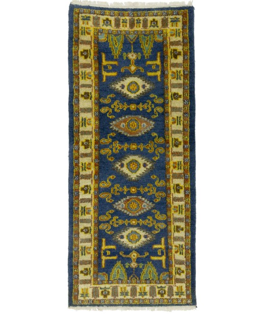 Blue Geometric 2'8X6'4 Kazak Oriental Runner Rug