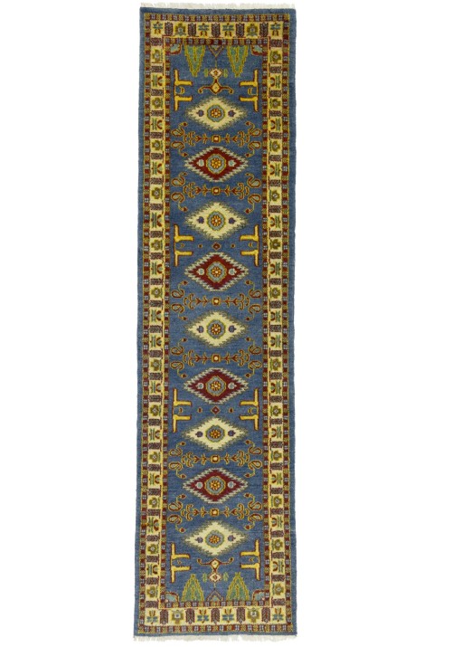 Blue Geometric 2'5X9'7 Kazak Oriental Runner Rug