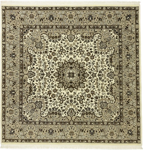 Cream Brown Floral 6X6 Kirman Oriental Square Rug