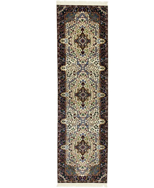 Cream & Navy Floral 3X10 Kirman Oriental Runner Rug