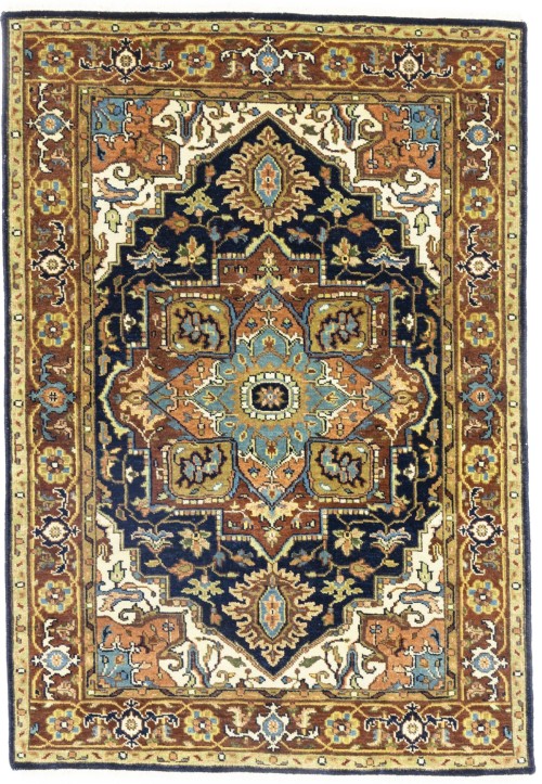 Dark Navy Geometric 4X6 Heriz Serapi Oriental Rug