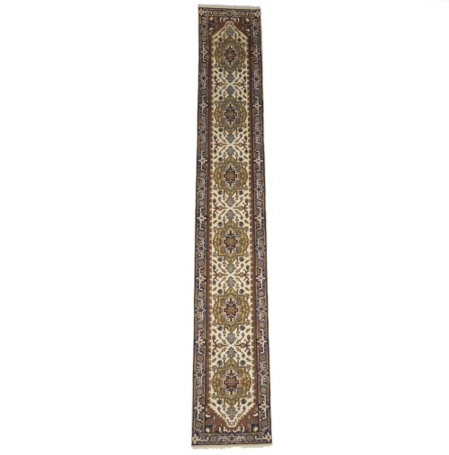 Cream Floral 2'6X15'5 Heriz Serapi Oriental Runner Rug