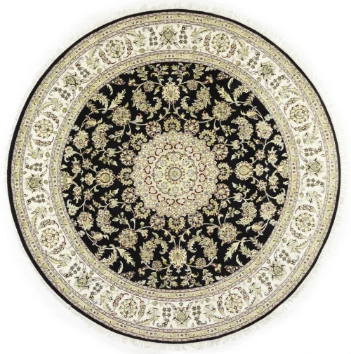 Black Floral 8X8 Indo-Nain Oriental Round Rug