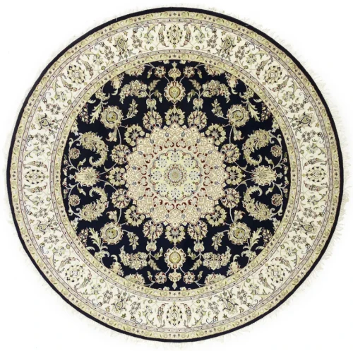 Dark Navy Floral 7X7 Indo-Nain Oriental Round Rug