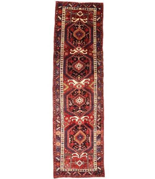 Vintage Geometric Tribal 4X14 Heriz Karajeh Persian Runner Rug