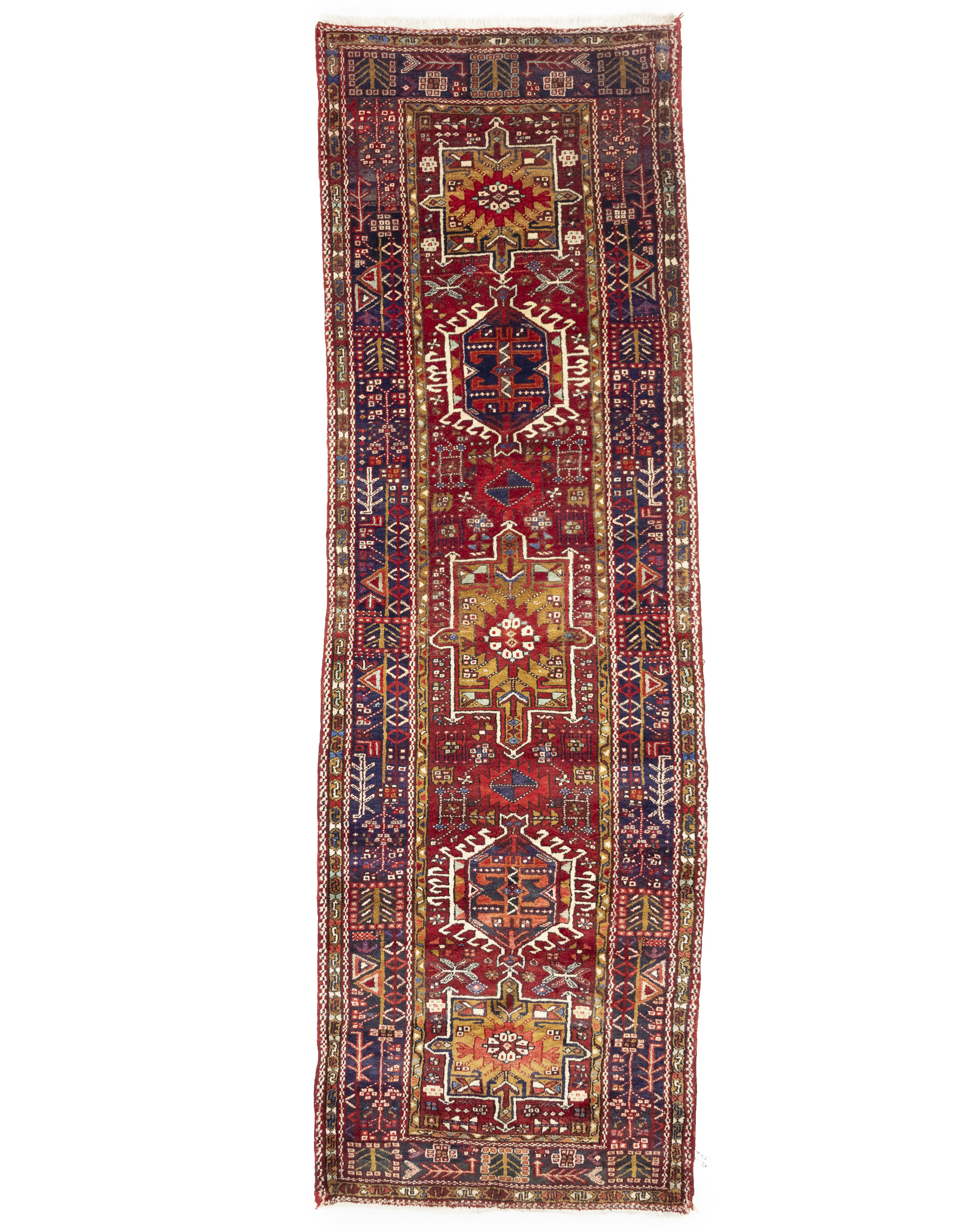 Vintage Red Geometric 3'5X10'8 Karajeh Persian Runner Rug