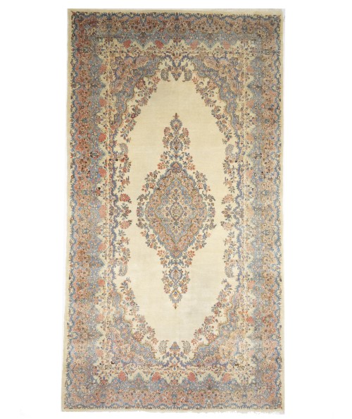 Semi Antique Cream Traditional Floral 9X17 Kerman Persian Rug