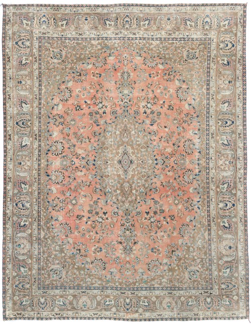 Antique Muted Rust Salmon Floral 9'5X12'3 Distressed Vintage Oriental Rug