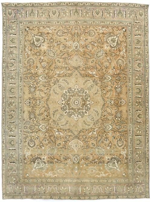 Muted Brown Semi Antique Floral 9'7X12'5 Distressed Vintage Oriental Rug