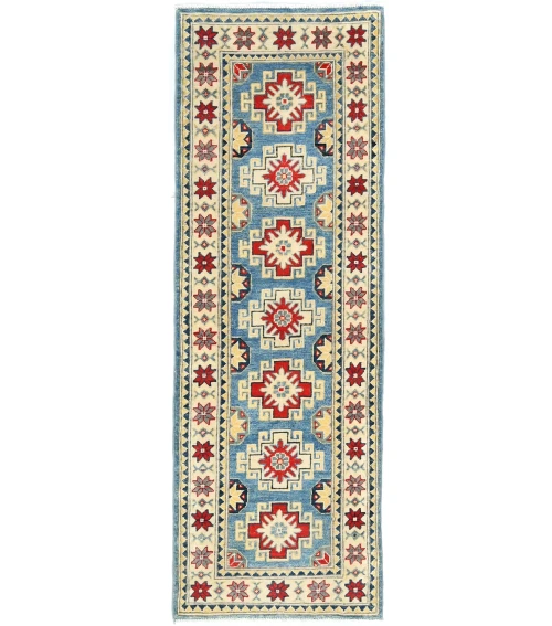 Blue Tribal Geometric 2X6 Kazak Pakistan Oriental Runner Rug