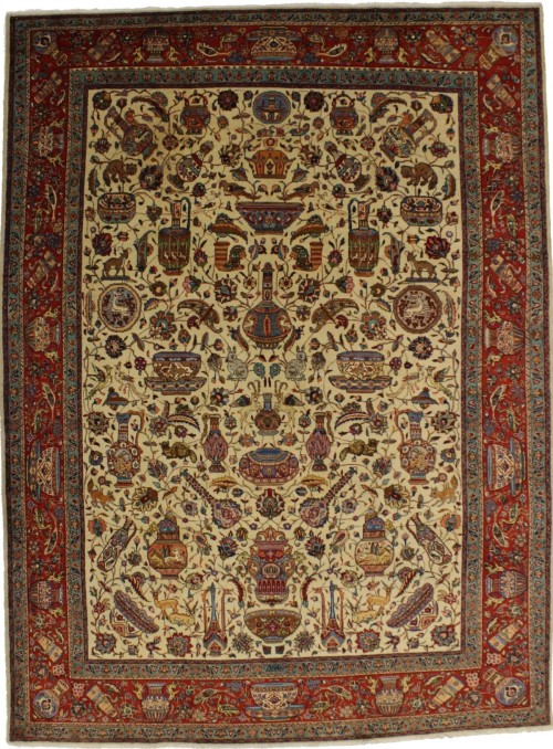 Semi Antique Cream Pictorial 10X14 Tabriz Persian Rug