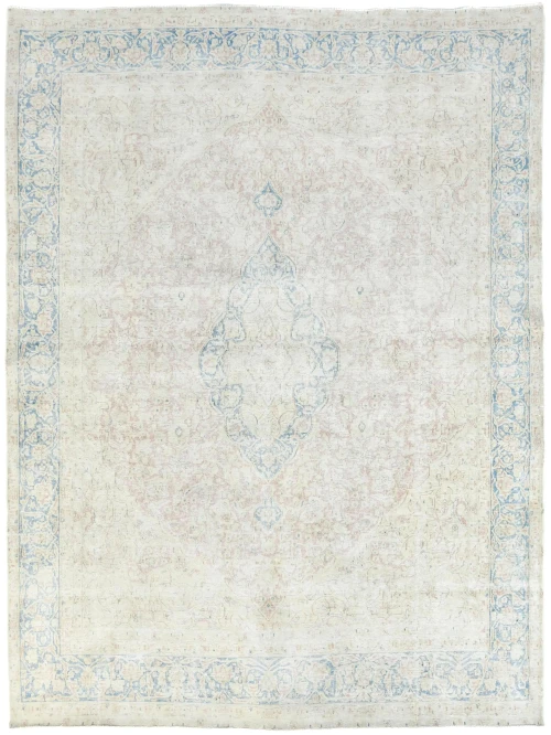 Antique Muted Beige Floral 10X13 Distressed Vintage Oriental Rug