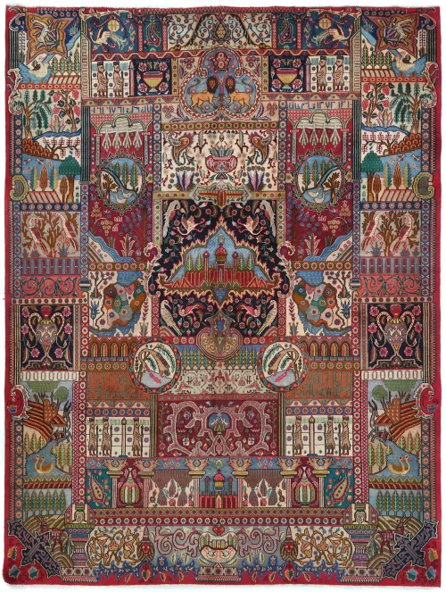Semi Antique Multicolored Pictorial 9'5X12'6 Kashmar Persian Rug