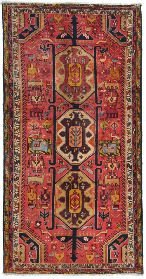 Vintage Coral Red Pictorial Tribal 5'0X10'5 Heriz Persian Runner Rug