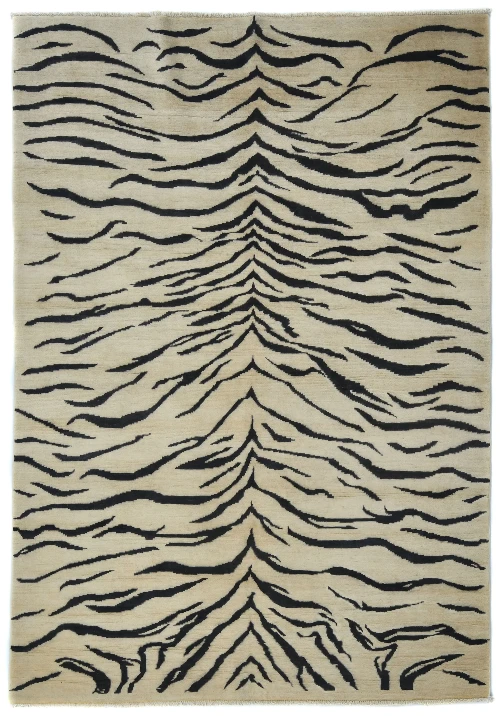Cream & Black Abstract Modern 5X8 Kazak Pakistan Rug