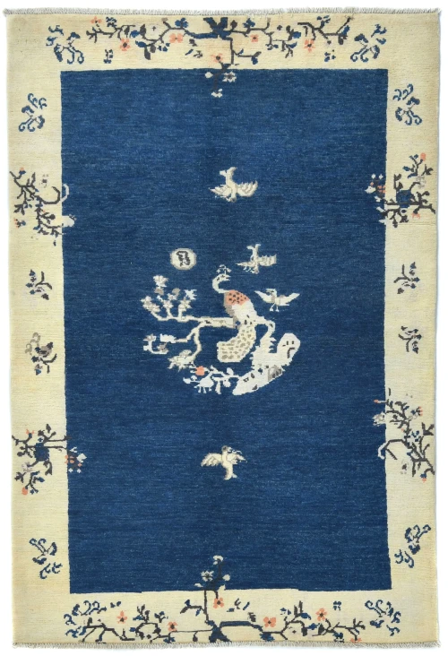 Navy Blue Bordered Modern 4X6 Kazak Oushak Pakistan Rug