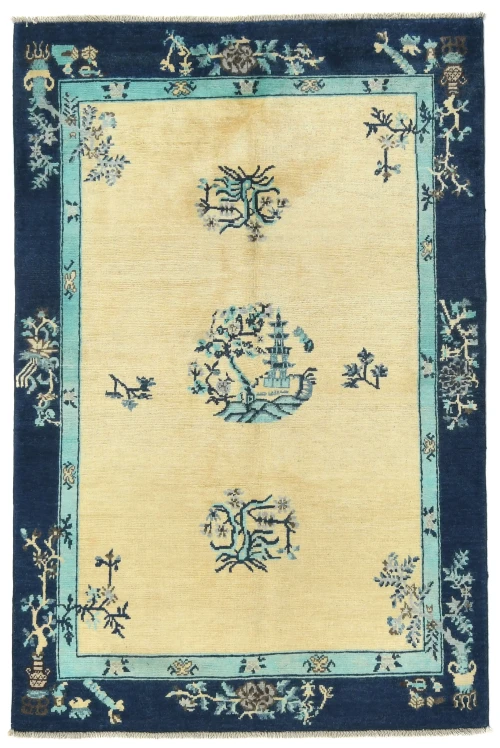 Cream Bordered Modern 4X6 Kazak Oushak Pakistan Rug