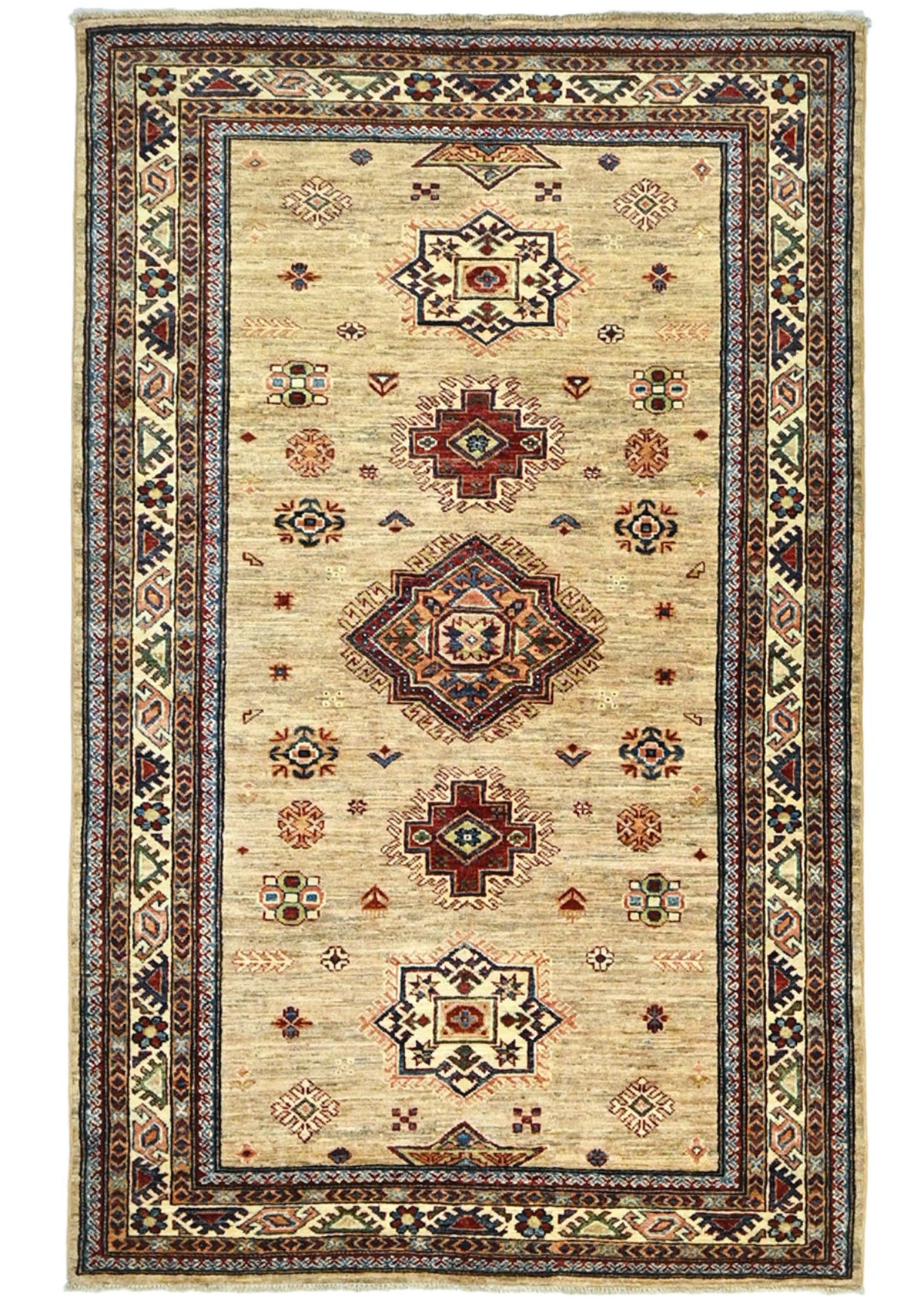 Beige Tribal Geometric 4X6 Kazak Pakistan Oriental Rug