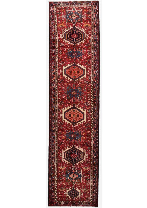 Vintage Red Geometric 3'6X14'5 Karajeh Persian Runner Rug