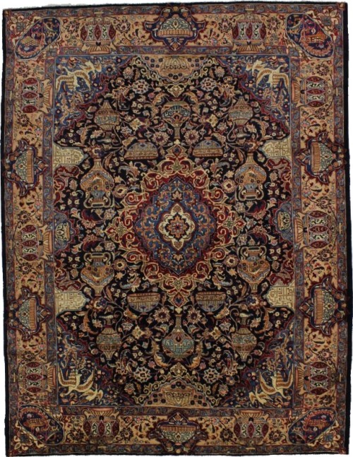 Vintage Dark Navy Pictorial 10X13 Kashmar Persian Rug