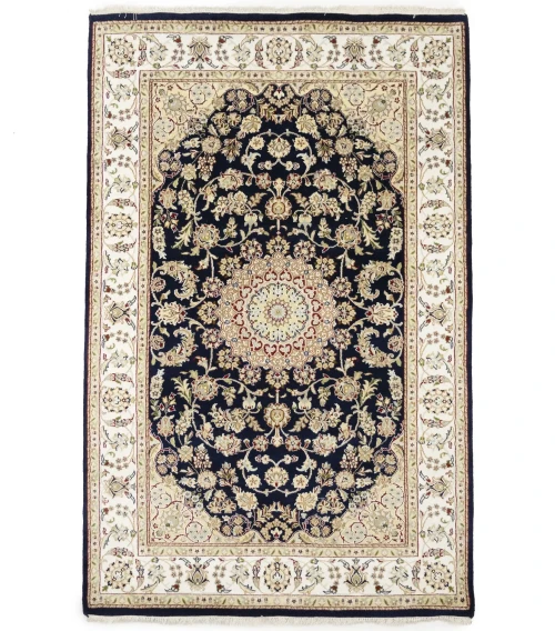 Black Floral Traditional 5X8 Indo-Nain Oriental Rug