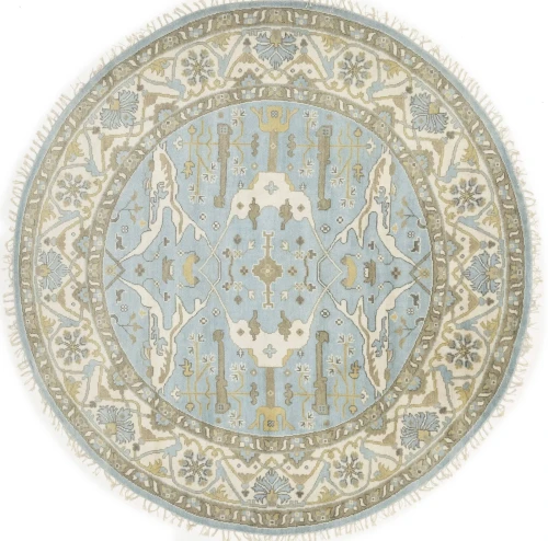 Muted Light Blue Floral Traditional 9X9 Oushak Oriental Round Rug