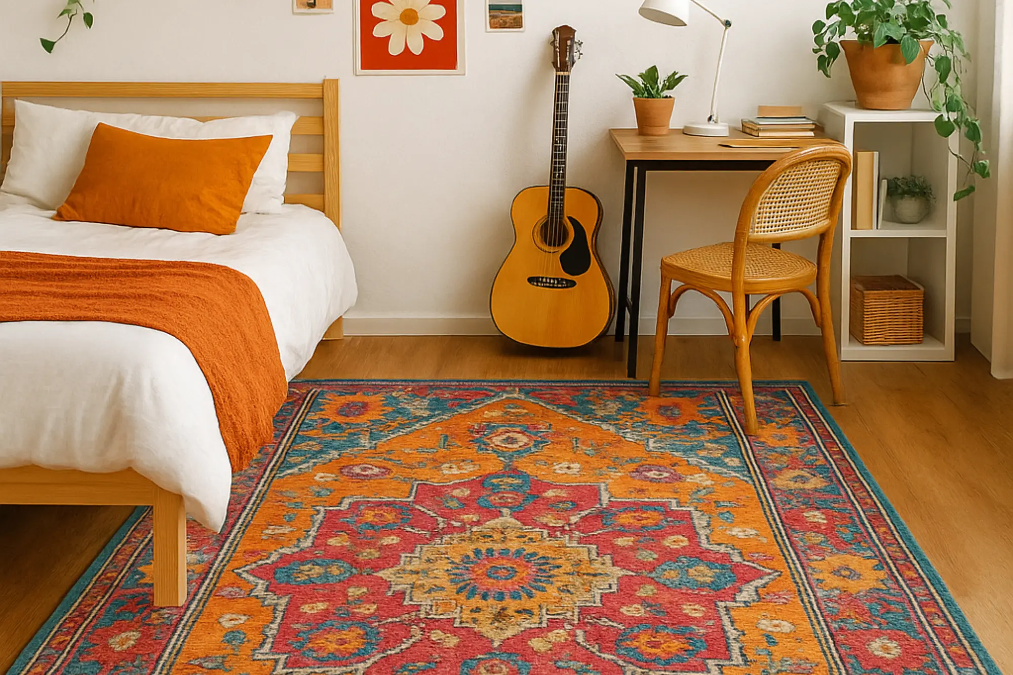 A cozy teen room featuring expressive decor and a colorful bohemian rug tying the space together.