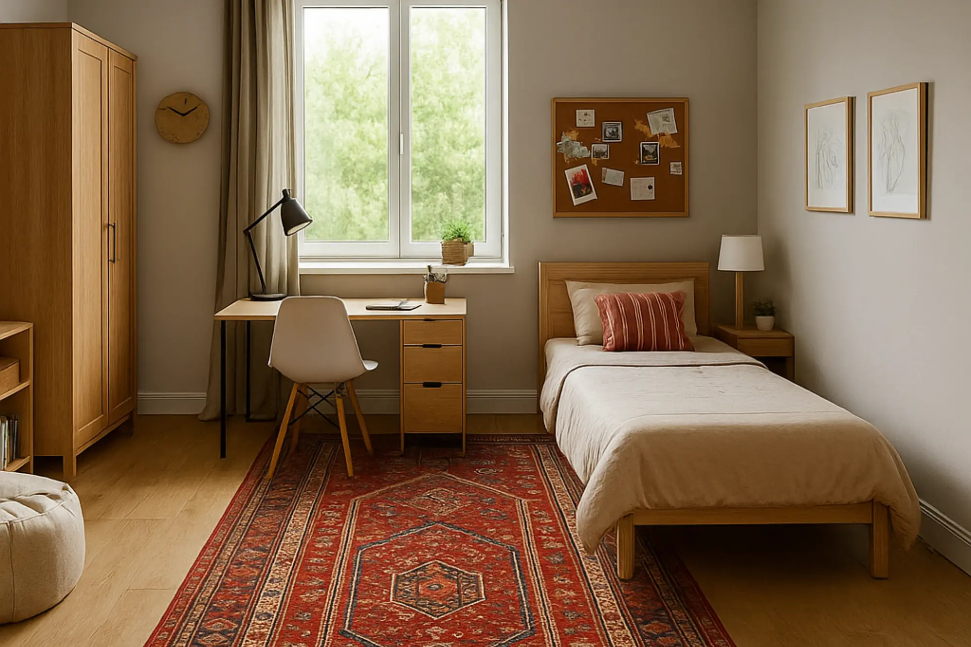A spacious teen bedroom featuring a large red Persian runner rug with intricate geometric patterns