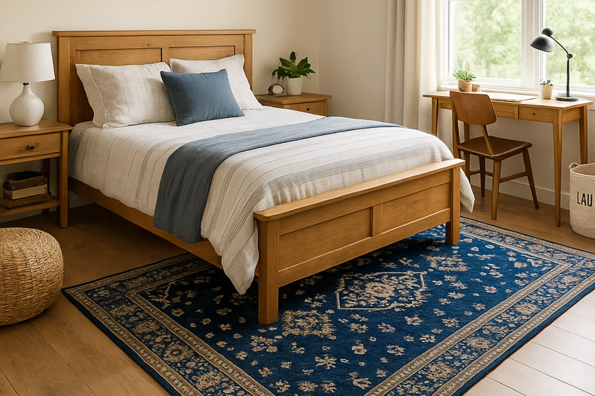 A spacious teen bedroom featuring a large navy blue Persian runner rug placed under a wooden bed.