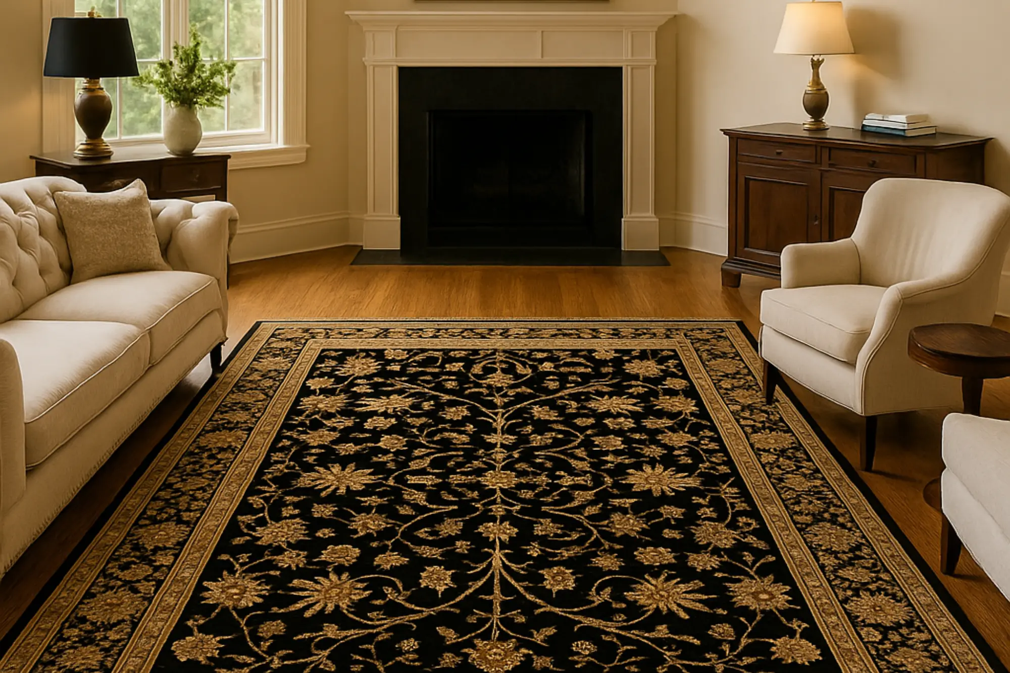 A spacious and elegant living room featuring a large black and gold Persian rug as the centerpiece, surrounded by luxurious cream and beige furniture, hardwood floors, and soft natural lighting through tall windows.