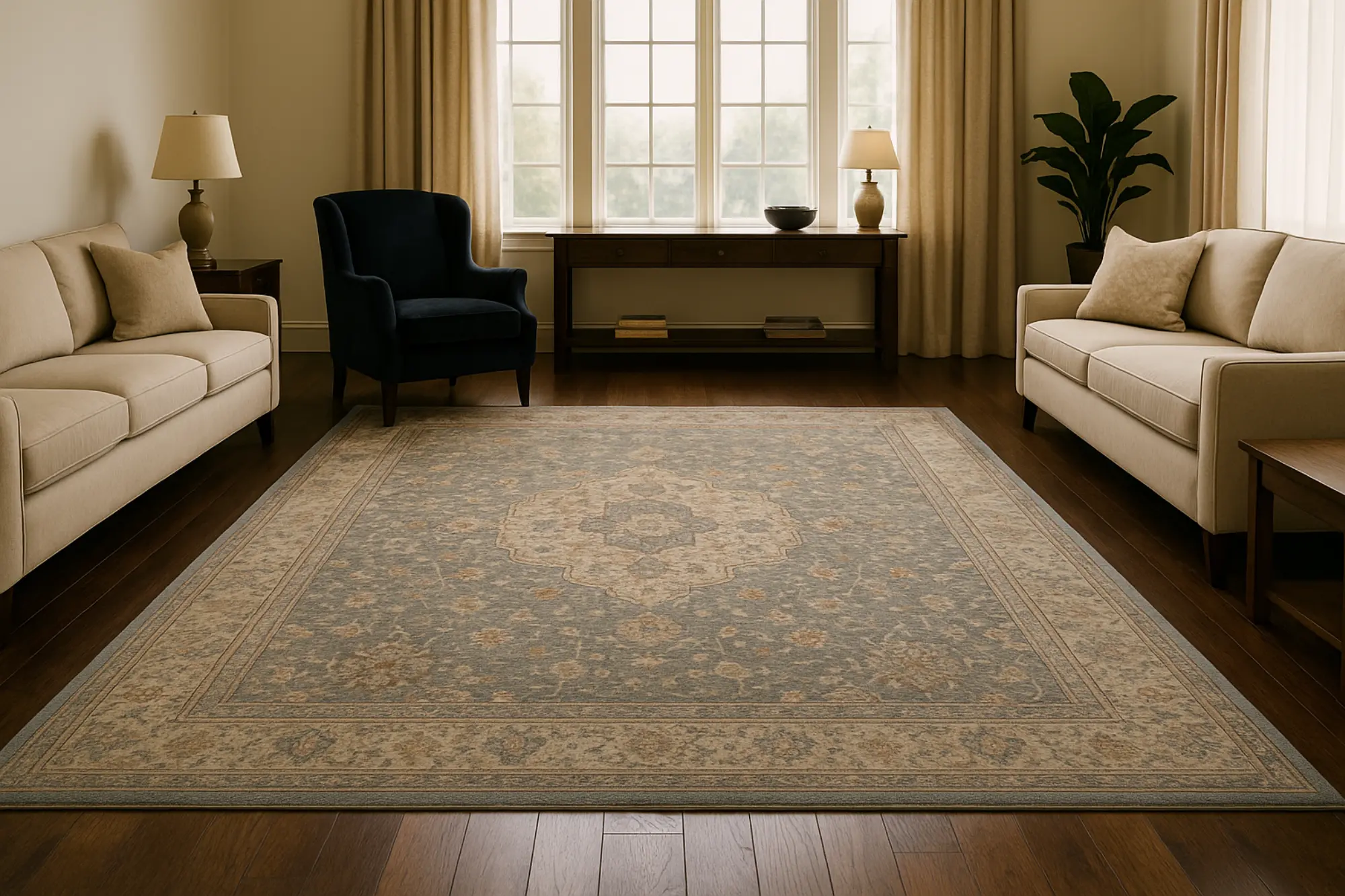 A spacious luxury living room with dark hardwood flooring, featuring a large muted Persian rug with soft blue and beige tones as the elegant centerpiece, framed by neutral sofas, a navy accent chair, and natural light from tall windows.