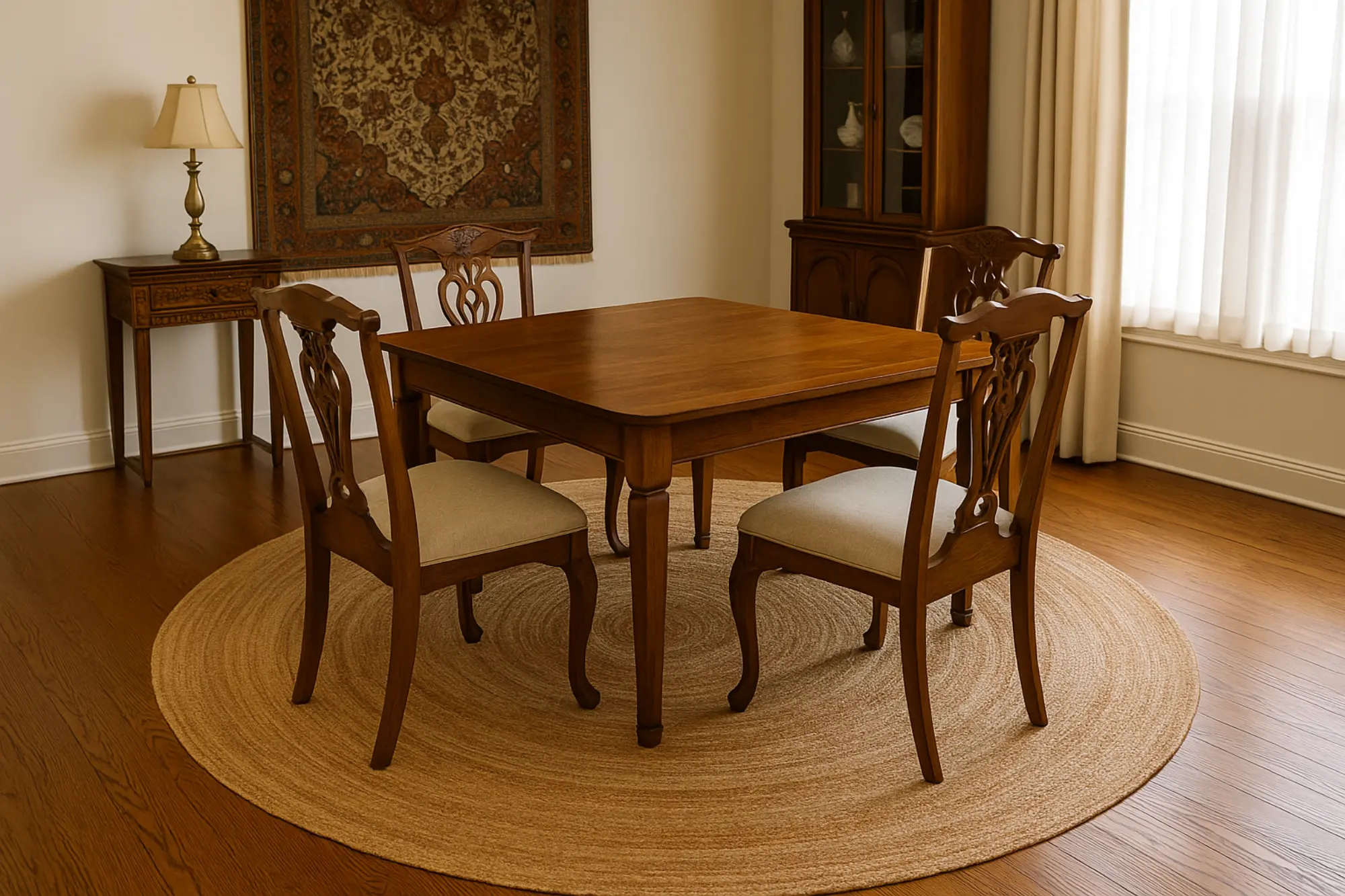 A square dining room featuring a traditional Persian wooden table and chairs set atop a large round abstract jute rug