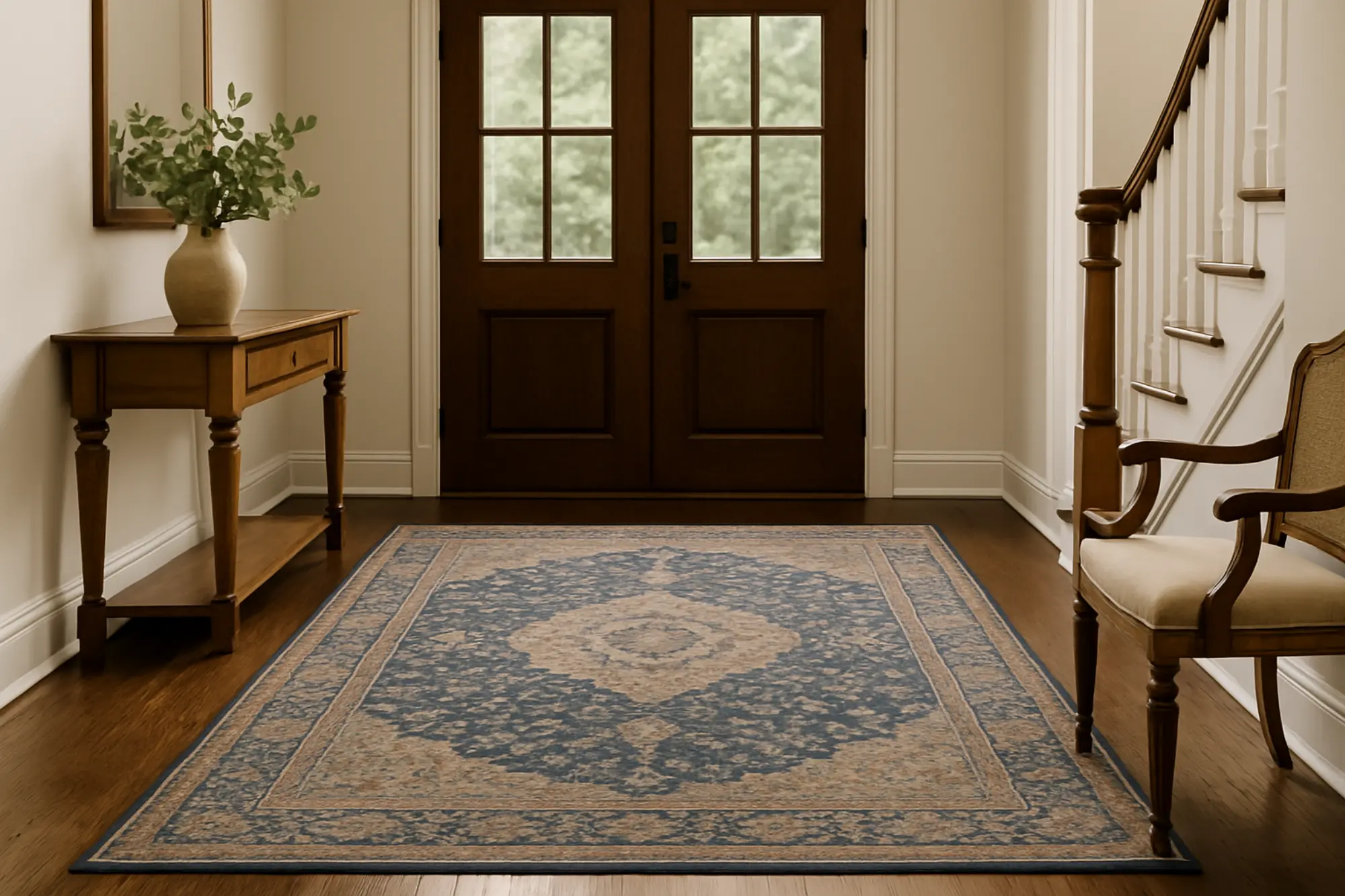 A large, elegant entryway with dark hardwood floors featuring a muted navy blue Persian rug as the centerpiece, complemented by classic wooden furniture and soft natural lighting